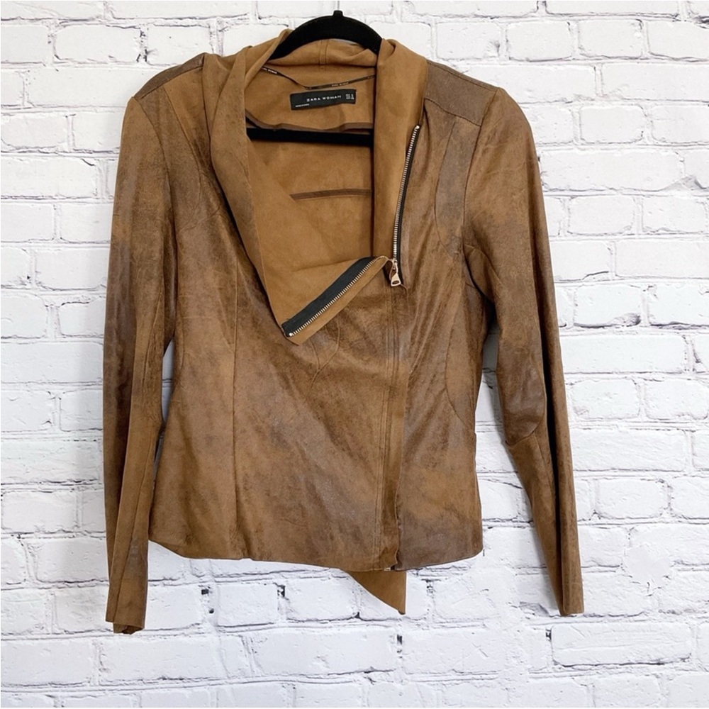 Zara Moto Jacket Weathered Brown Vegan Leather Zip Size Medium